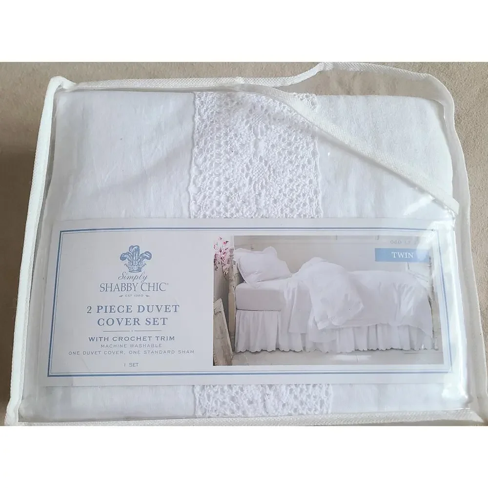 Simply Shabby Chic Twin Duvet Cover Set White Linen Cotton Crochet Trim NIP